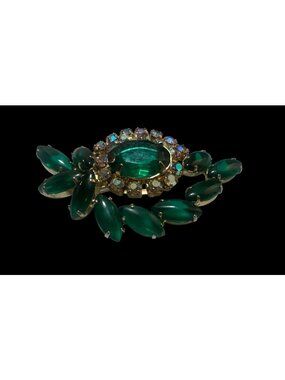 Juliana D & E Emerald Green Glass Marquise Cabochon AB Rhinestone Floral Brooch